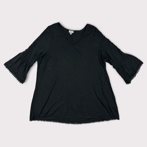 Avenue Blouse Black 18/20 Vneck Lace Hem Bell Sleeve Cutout Cotton Modal